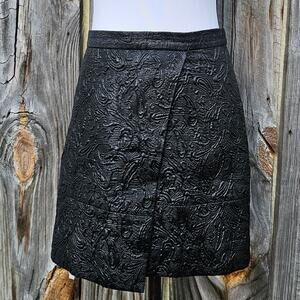 Matelasse Texture Mini Skirt Shiny Metallic Black J. Crew Size 10 Faux Wrap
